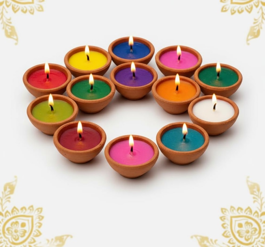 Decorative Mitti /Clay Diya Candles, Multicolor Flower Shaped Tea Lights with Scented Wax, Cotton Wick, for Home Decor, Diwali Festive Celebrations and Gifting. 